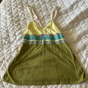 Free People Lemon-Lime Boho Strappy Tank with Patterned Trim